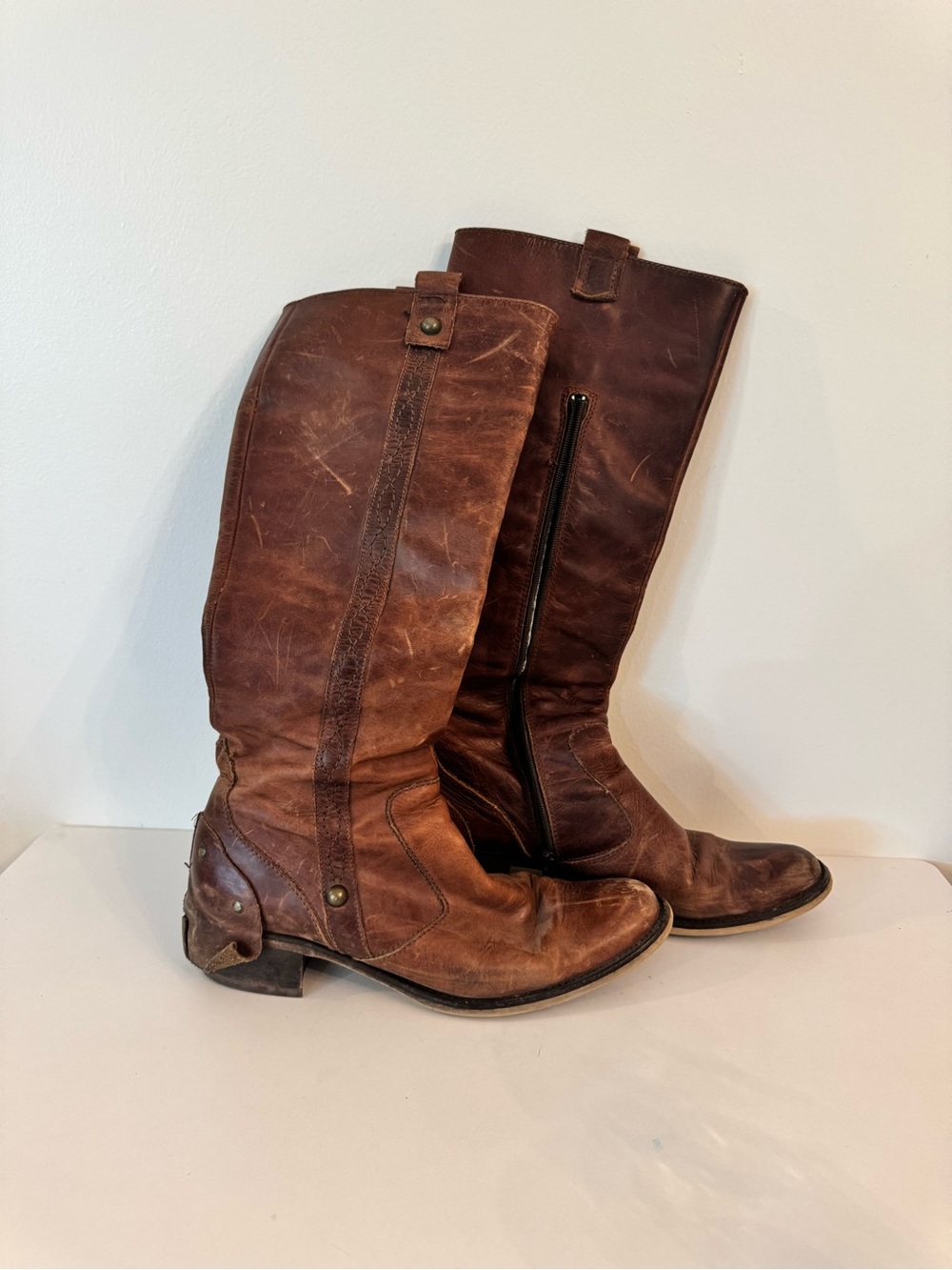 Distressed Brown Leather Knee-High Riding Boots